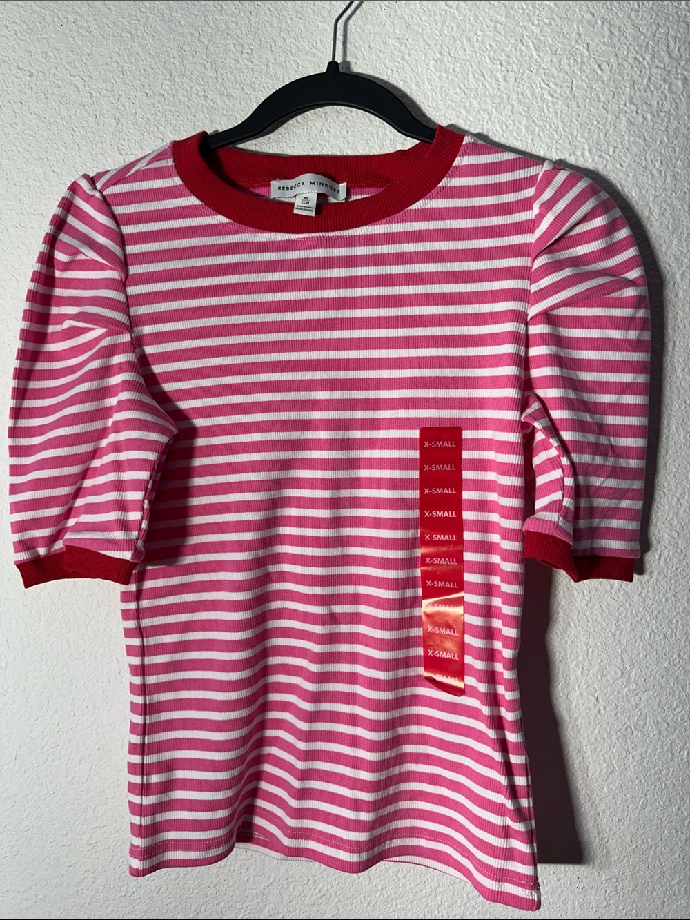Rebecca Minkoff Pink and White Striped Puff Sleeve Tee with Red Trim